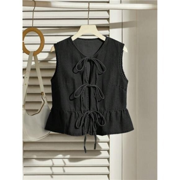 Women's Denim Tie Strap Ruffle Trim Vest, Blue - Picture 1 of 4